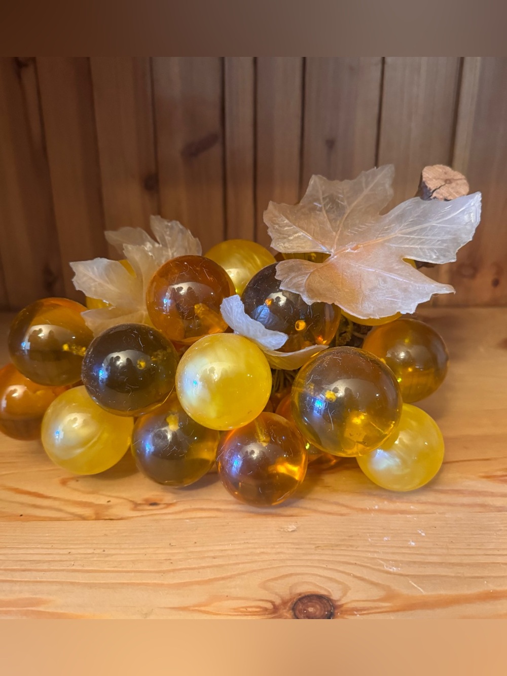 Vintage LARGE Lucite Acrylic Grape Cluster Gold Yellow Amber Wood Stem MCM